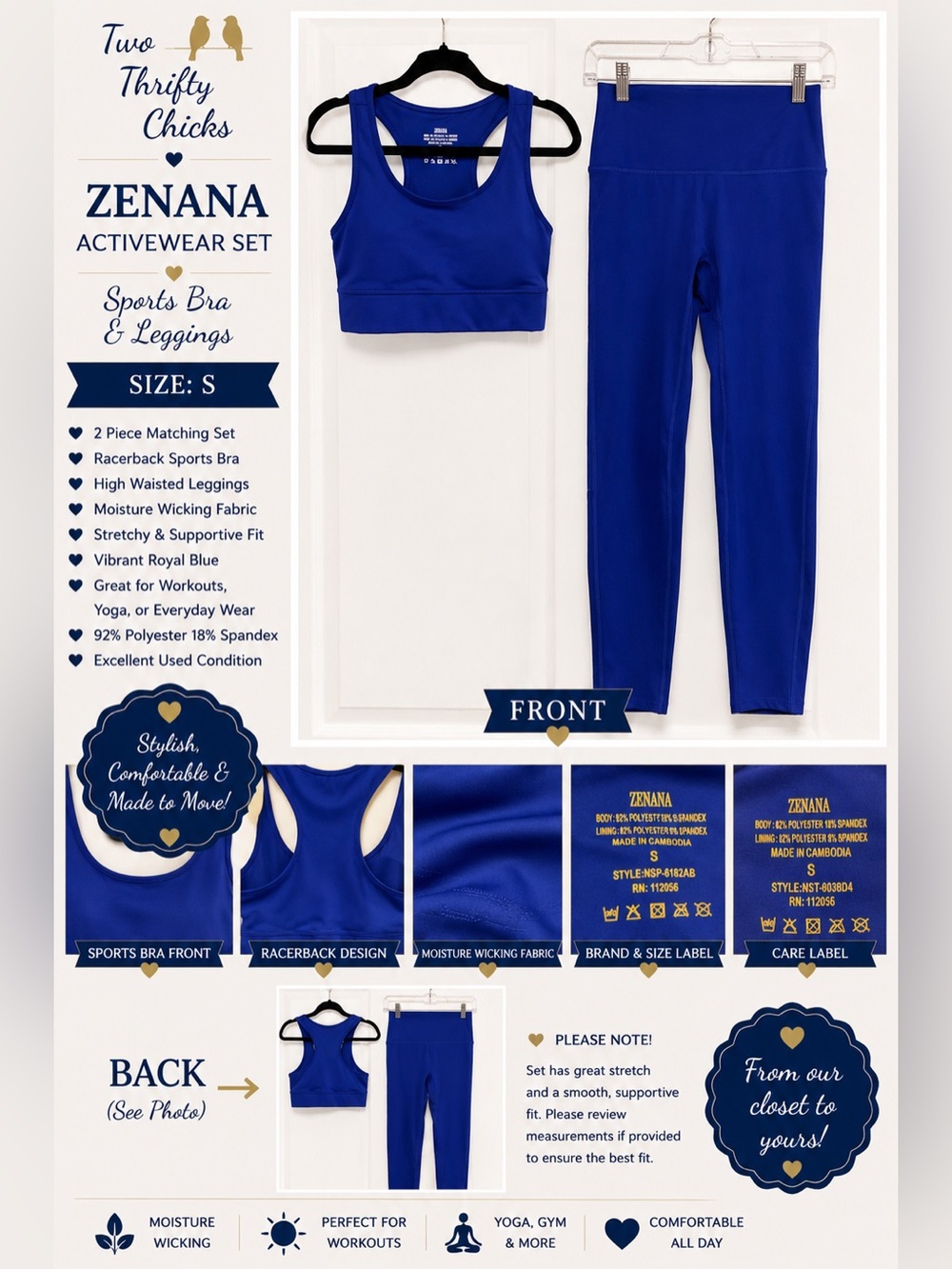 Zenana Outfitters Royal Blue Activewear Set - Bra & Leggings - Size Small - GUC